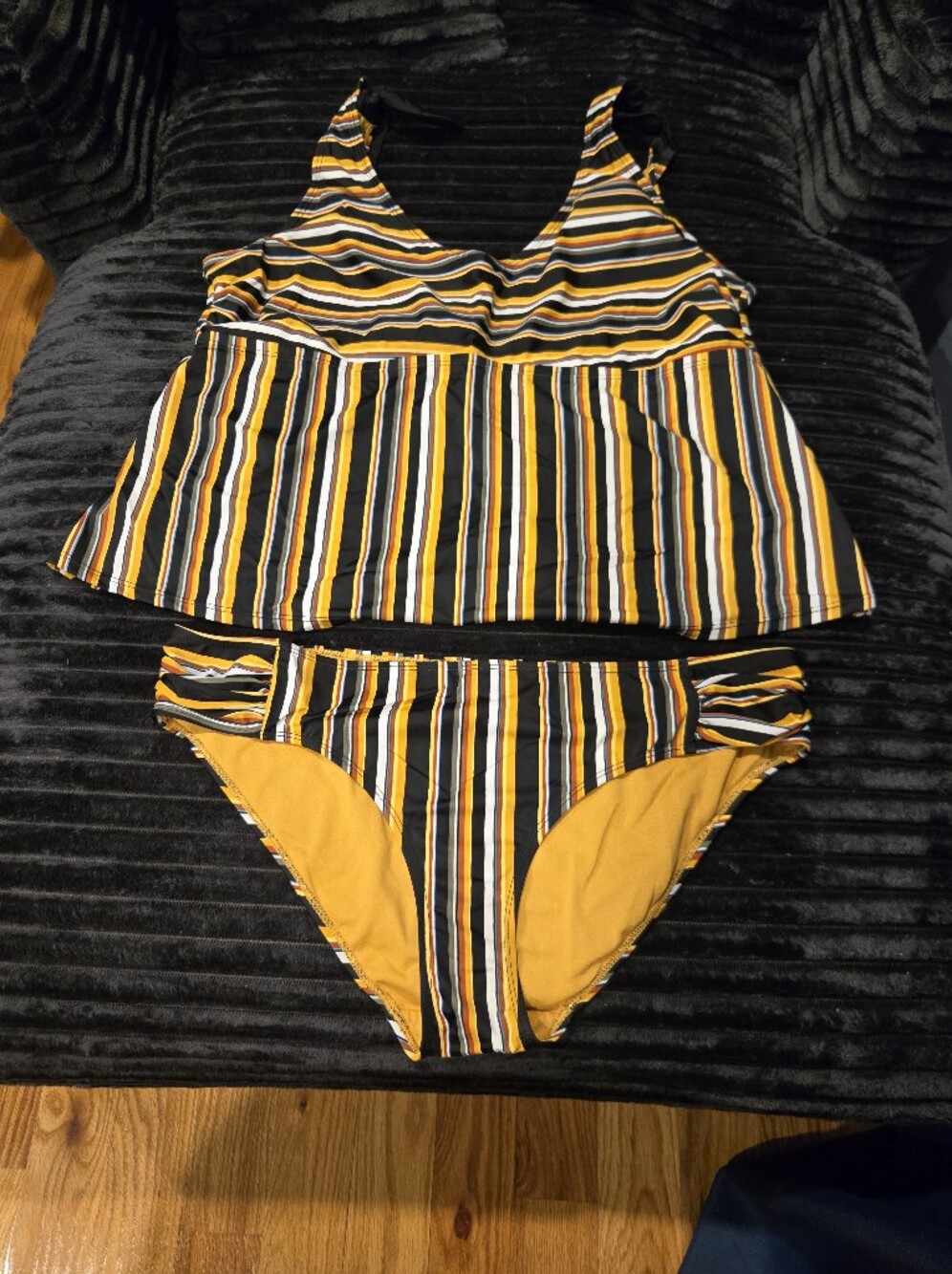 Woman Striped Tankini Swimsuit in Black & Mustard